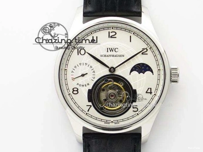 MIROTIME 0225 UrbanStyle Portuguese Tourbillon Power Reserve Moonphase SS White Dial On Black Leather Strap 7318